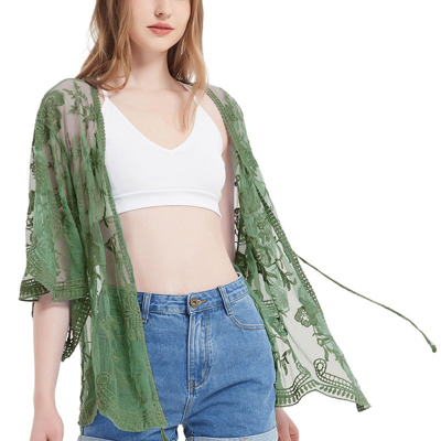 Anna-kaci Short Embroidered Lace Kimono Crop Cardigan With Half Sleeves In Green
