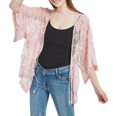 Anna-kaci Short Embroidered Lace Kimono Crop Cardigan With Half Sleeves In Pink