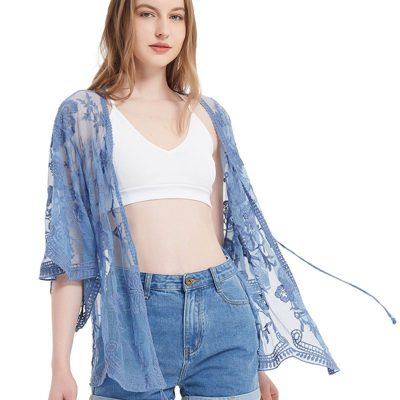 Anna-kaci Short Embroidered Lace Kimono Crop Cardigan With Half Sleeves In Blue