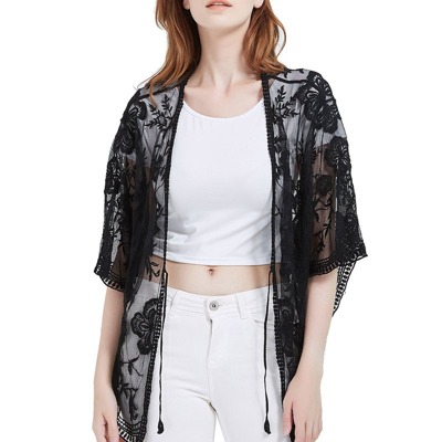 Anna-kaci Short Embroidered Lace Kimono Crop Cardigan With Half Sleeves In Black