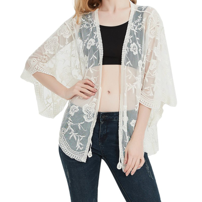Anna-kaci Short Embroidered Lace Kimono Crop Cardigan With Half Sleeves In White