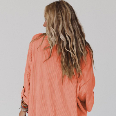 Threaded Pear Jade Ribbed Roll-tab Sleeve Chest Pocket Oversize Top In Orange