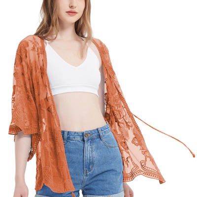 Anna-kaci Short Embroidered Lace Kimono Crop Cardigan With Half Sleeves In Brown