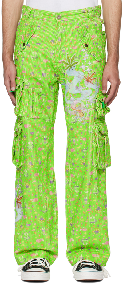 Erl Straight-leg Glittered Printed Cotton-corduroy Cargo Trousers In Green