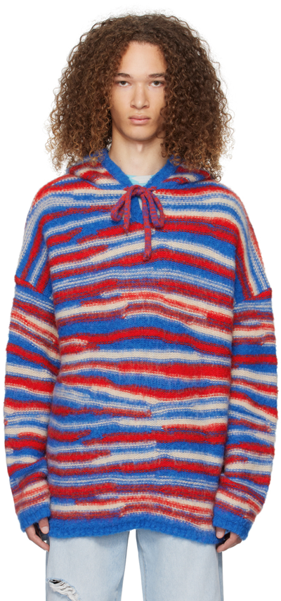 Erl Knitted Hoodie In Red Blue