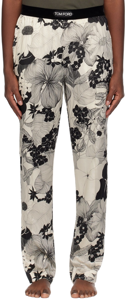 Tom Ford Straight-leg Velvet-trimmed Printed Stretch-silk Pyjama Trousers In 004 Black / Ecru