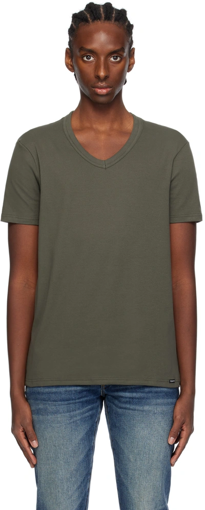 Tom Ford Khaki V-neck T-shirt In 302 Military Green