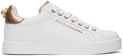 Dolce & Gabbana White & Gold Nappa Calfskin Portofino Lettering Sneakers In 8b996 Bianco/oro