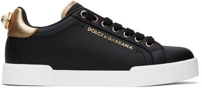 DOLCE & GABBANA BLACK NAPPA CALFSKIN PORTOFINO LETTERING SNEAKERS