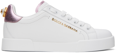 Dolce & Gabbana White & Pink Nappa Calfskin Portofino Lettering Sneakers In 87587 Bianco/rosa