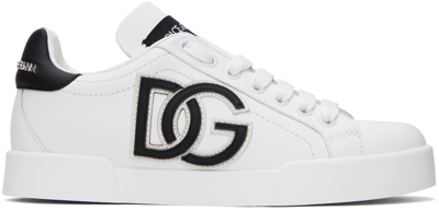 Dolce & Gabbana White & Black Calfskin Portofino Dg Logo Sneakers In 89697 Bianco/nero