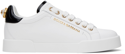 Dolce & Gabbana White Nappa Calfskin Portofino Lettering Sneakers In 89662 Bianco/oro