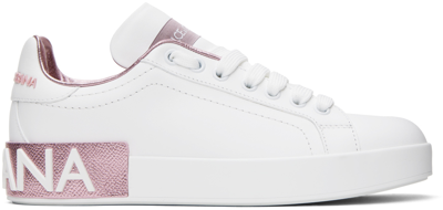 Dolce & Gabbana White & Pink Calfskin Nappa Portofino Trainers In 87587 Bianco/rosa