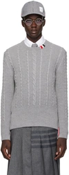 Thom Browne Grey Crewneck Cable Knit Sweater With Rwb Stripe Detail In Wool Man In 055 Lt Grey