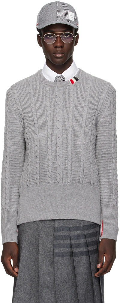 Thom Browne Grey Crewneck Cable Knit Sweater With Rwb Stripe Detail In Wool Man