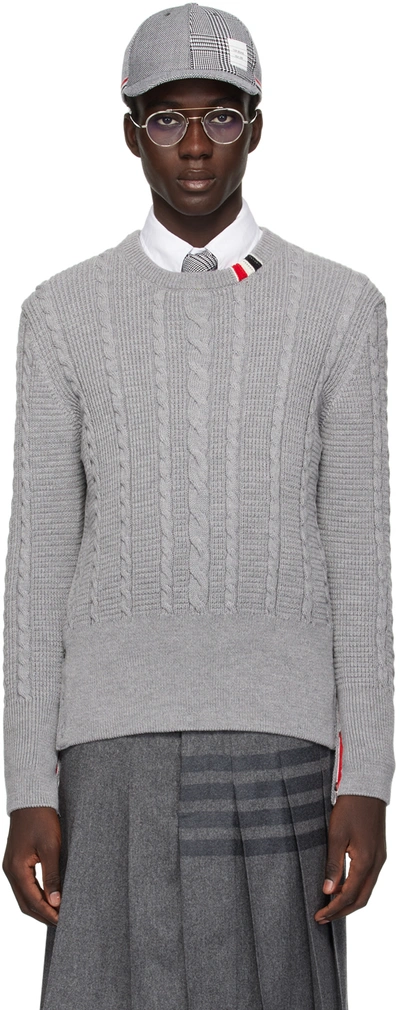 Thom Browne Grey Crewneck Cable Knit Jumper With Rwb Stripe Detail In Wool Man