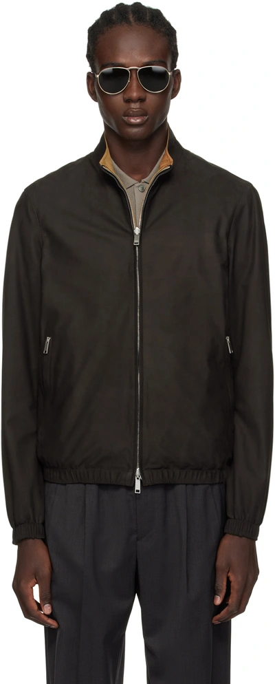 Zegna Brown Zip Reversible Leather Jacket In M09