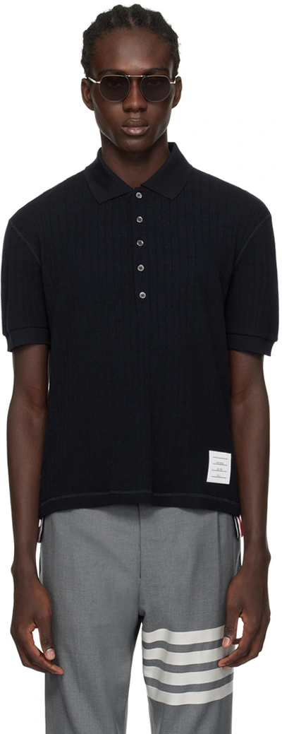 Thom Browne Navy Button Polo In 415 Navy