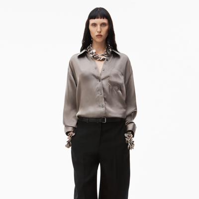 Alexander Wang Boyfriend Shirt In Shiny Cupro In Grey/black