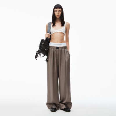 Alexander Wang Logo Boxer Pant In Shiny Cupro Twill In Grey/black