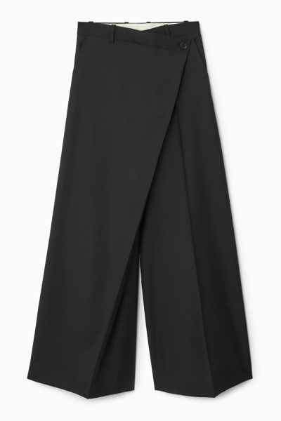 Cos Wrap-front Wide-leg Wool Trousers In Black