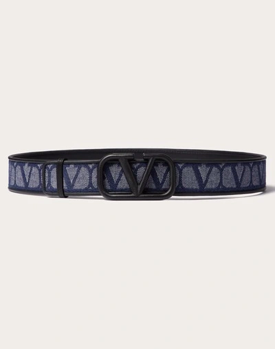 Valentino Garavani Denim-effect Jacquard Toile Iconographe Belt With Leather Details In Denim/black