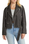 BLANKNYC DISTRESSED BELTED FAUX LEATHER MOTO JACKET