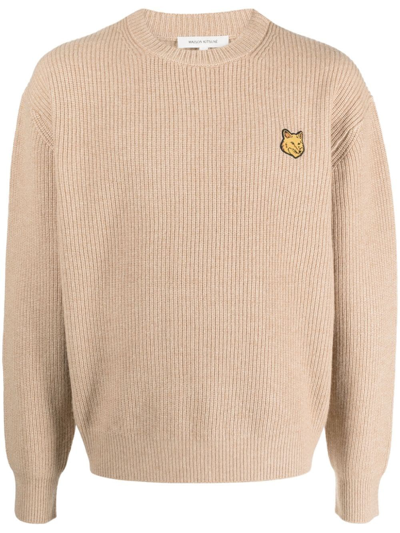 Maison Kitsuné Fox-patch Ribbed-knit Jumper In Nude & Neutrals