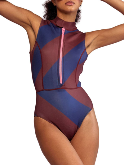 Cynthia Rowley Striped Wetsuit In Navy Burgundy