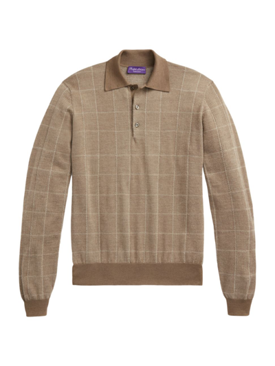 Ralph Lauren Purple Label Men's Plaid Cashmere-silk Long-sleeve Polo Sweater In Taupe Multi