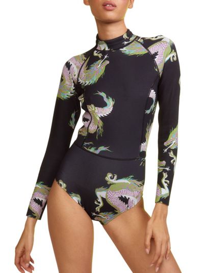 Cynthia Rowley Women's Dragon Long-sleeve Neoprene Wetsuit In Black Multi