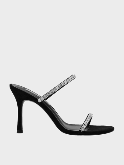 Charles & Keith Ambrosia Textured Gem-embellished Heeled Mules In Black Textured