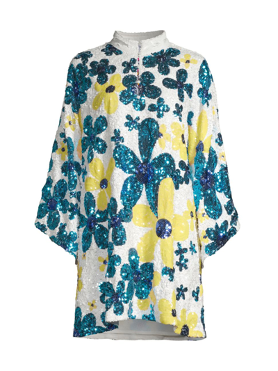 La Vie Style House Women's Floral Sequined Mini Caftan In Yellow Blue