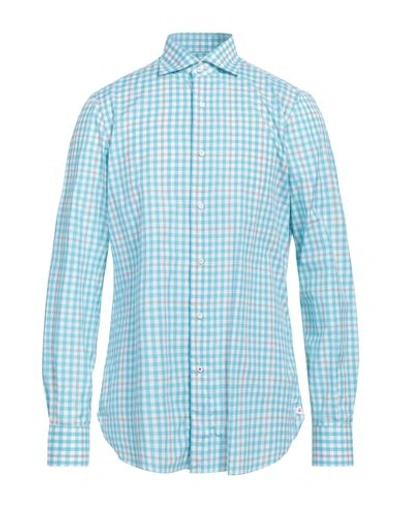 Isaia Man Shirt Turquoise Size 16 Cotton In Blue