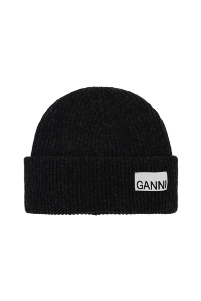 Ganni Logo-patch Ribbed Beanie In 黑色