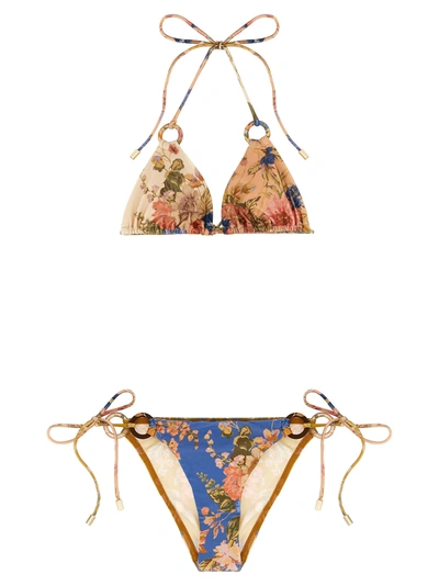 Zimmermann The August Spliced Ring Tie Triangle Bikini In Multicolor