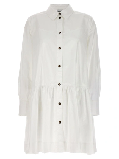 Ganni Long Sleeve White Cotton Poplin Mini Shirt Dress