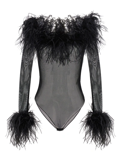 Oseree Plumage Feather-trim Sheer Bodysuit In Black