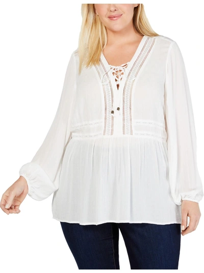 Seven7 Plus Womens Lace-up Boho Peasant Top In White