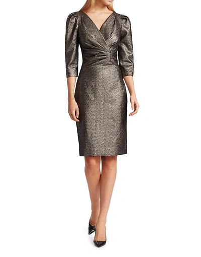 Teri Jon Metallic Puff Sleeve Sheath Dress In Bronze In Gold