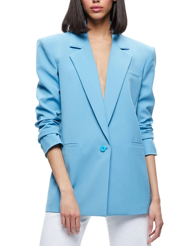 Alice And Olivia Shan Strong-shoulder Ruched-sleeve Blazer In Blue