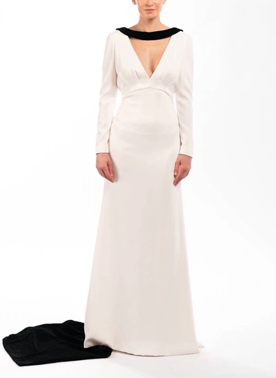Elizabeth Kennedy Long Sleeve V-neck Crepe Gown In White