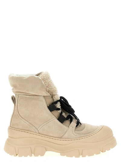 Brunello Cucinelli Bead-embellished Shearling-trimmed Suede Ankle Boots In Beige
