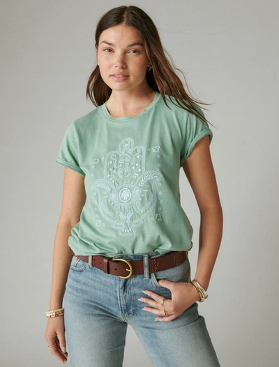Lucky Brand Women's Hamsa Embroidery Classic Crew Top In Green