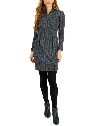 Connected Apparel Petites Womens Knit Printed Shirtdress In Grey