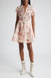 Zimmermann Matchmaker Embellished Floral-print Linen And Silk-blend Mini Dress In Coral Hibiscus