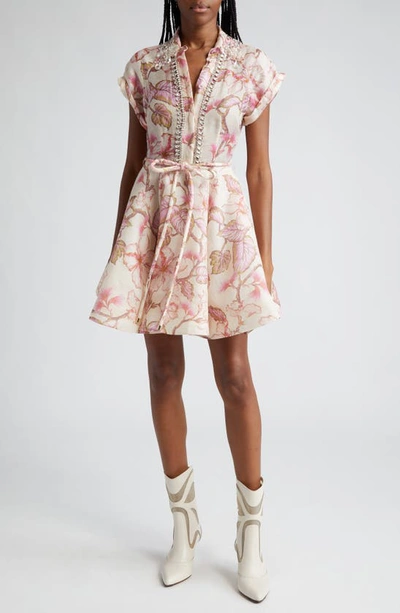 ZIMMERMANN MATCHMAKER CRYSTAL EMBELLISHED BELTED LINEN & SILK ORGANZA MINIDRESS