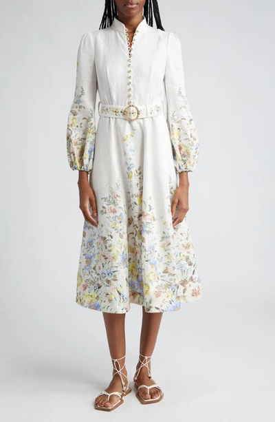 Zimmermann Matchmaker Floral Belted Linen Midi Dress In Cream_blue_floral