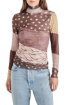 Steve Madden Eliza Print Long Sleeve Sheer Top In Brown Multi