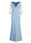 THEIA KIERA BEADED PUFF SLEEVE GOWN IN BLUE